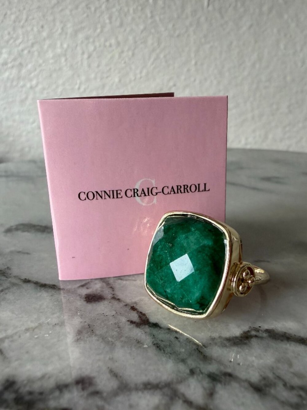 NEW Connie Craig Carroll Green Beryl Cushion Checkerboard Cut Ring